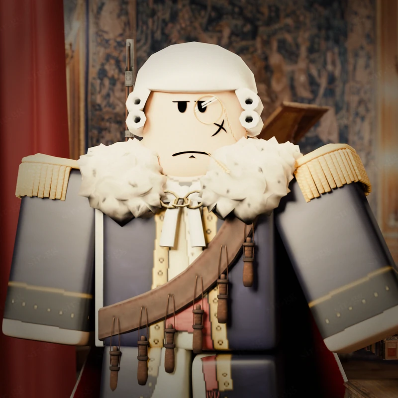 Portrait of a George Washington avatar in an ornate palace room